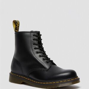Dr. Martens Black Leather 8-Eye Lace-Up Boot with Yellow Stitching